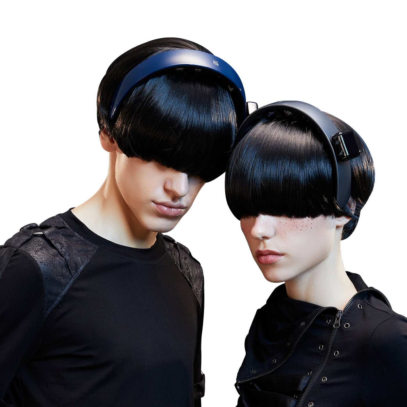 Two people wearing H1 Deluxe Electric Scalp Massager on a white background