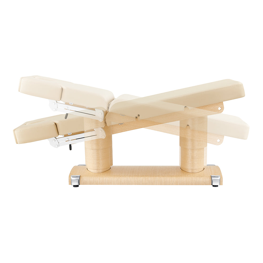 Luxi 4 Motors DIR beige spa table with wood base shown in various raised positions.