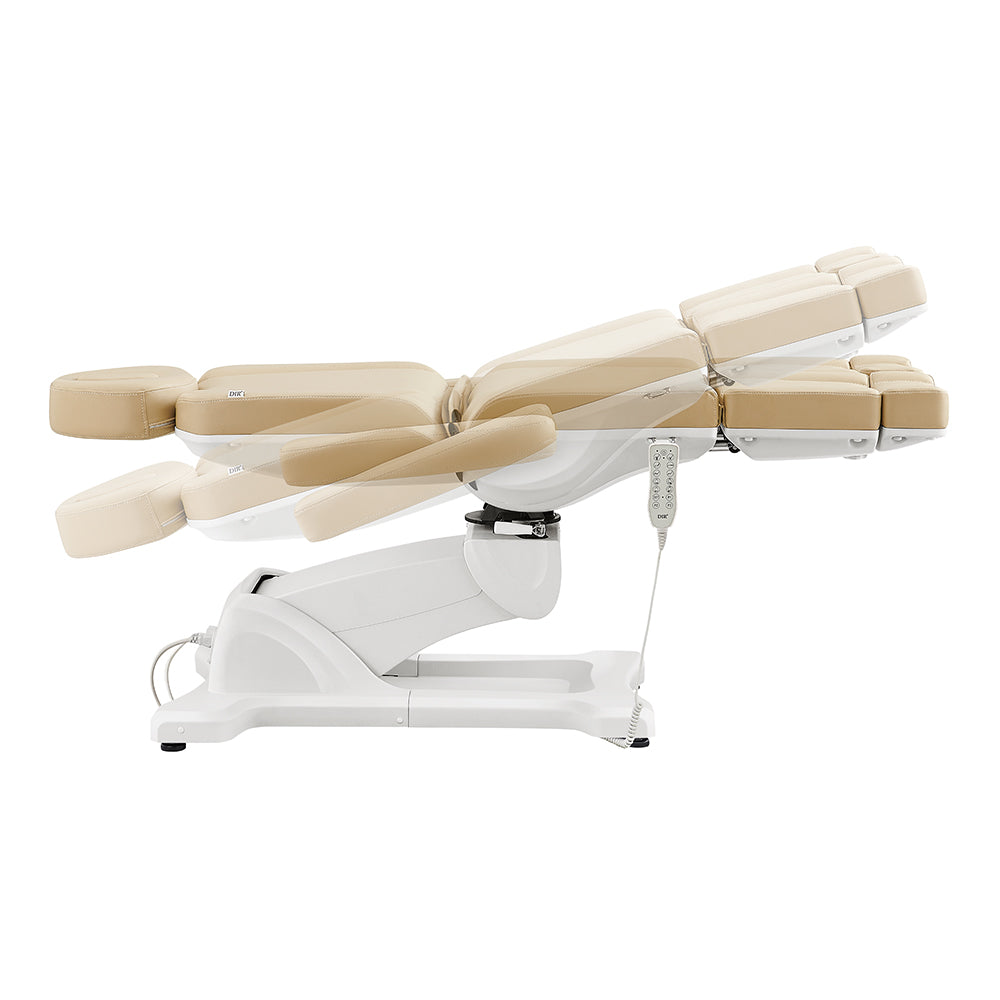 Libra II Full Medical Electric Procedure Chair by DIR in beige, reclined side view shown.