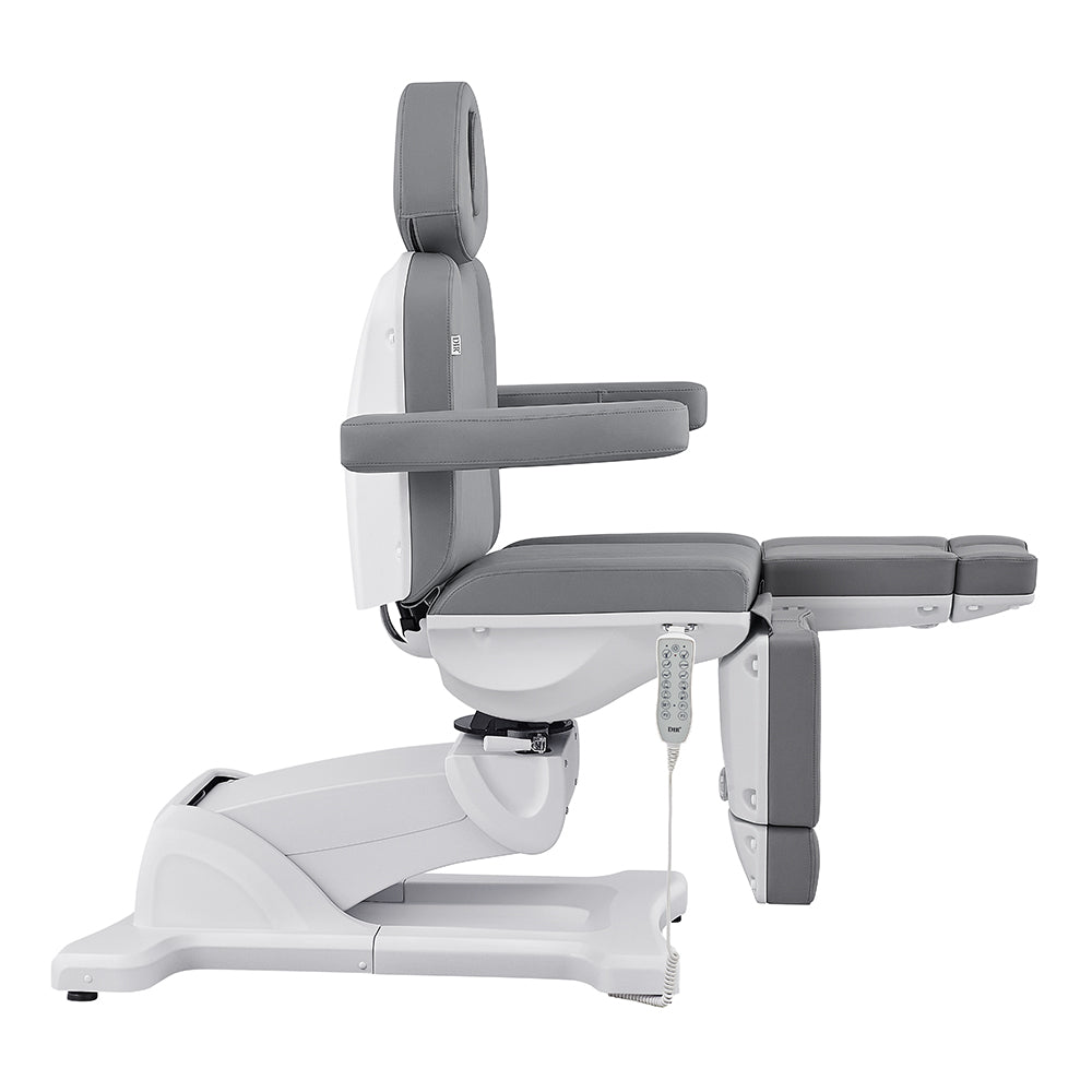 DIR Libra II Full Medical Electric Procedure Chair in Gray, side view with armrests and headrest.