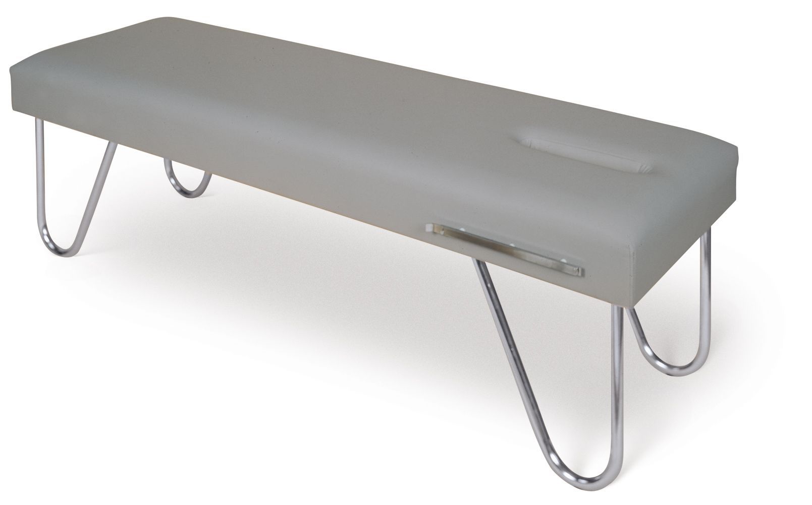 Galaxy Mfg 1993-CF chiropractic adjustable table with headrest and metal legs, gray.