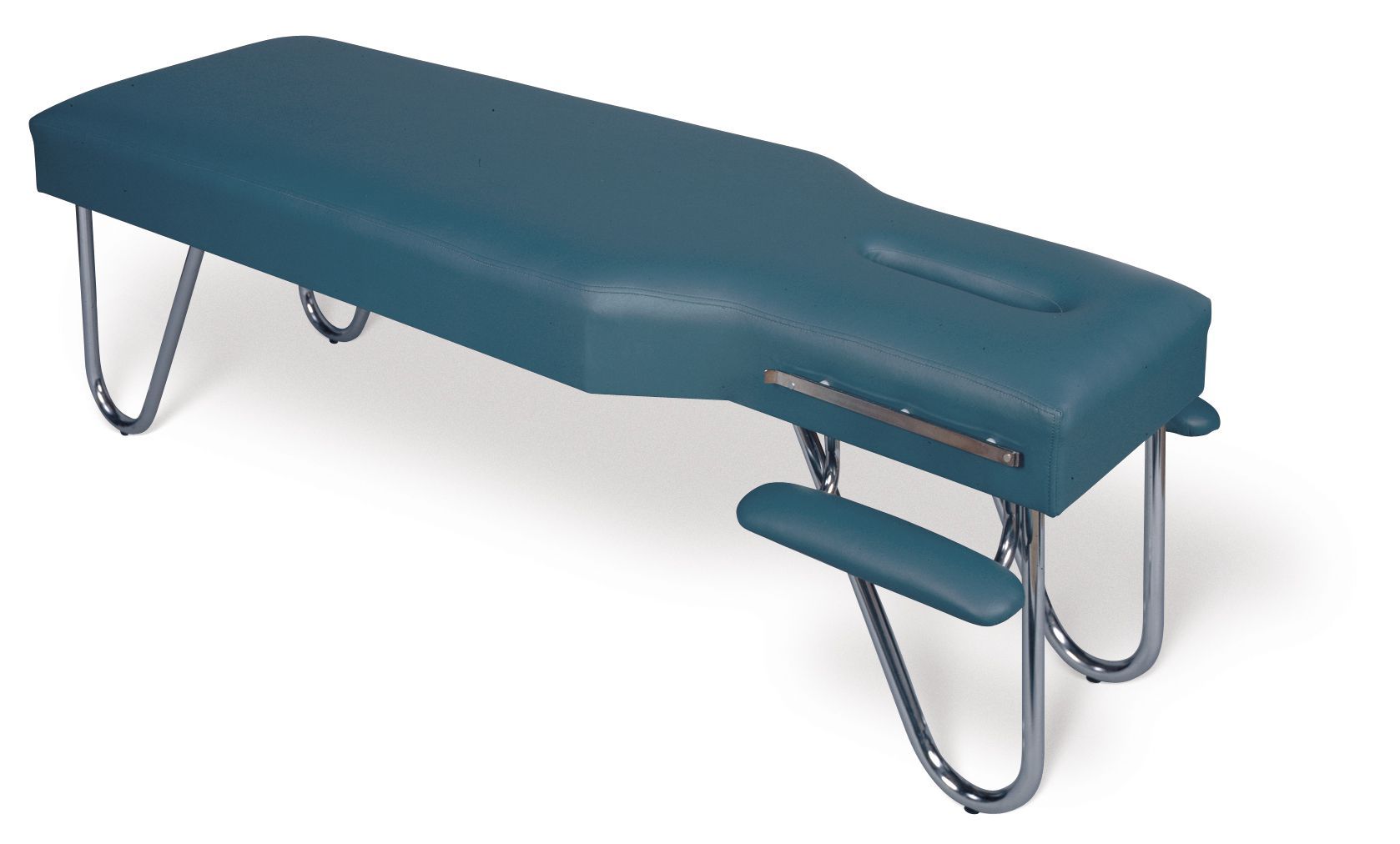 Galaxy Mfg 1994-CF chiropractic adjustable table with arm rest and metal legs.