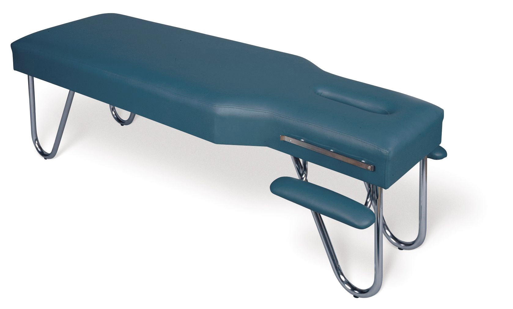 Galaxy Mfg 1994-CF blue adjustable table with face cutout, metal legs, and arm rest.