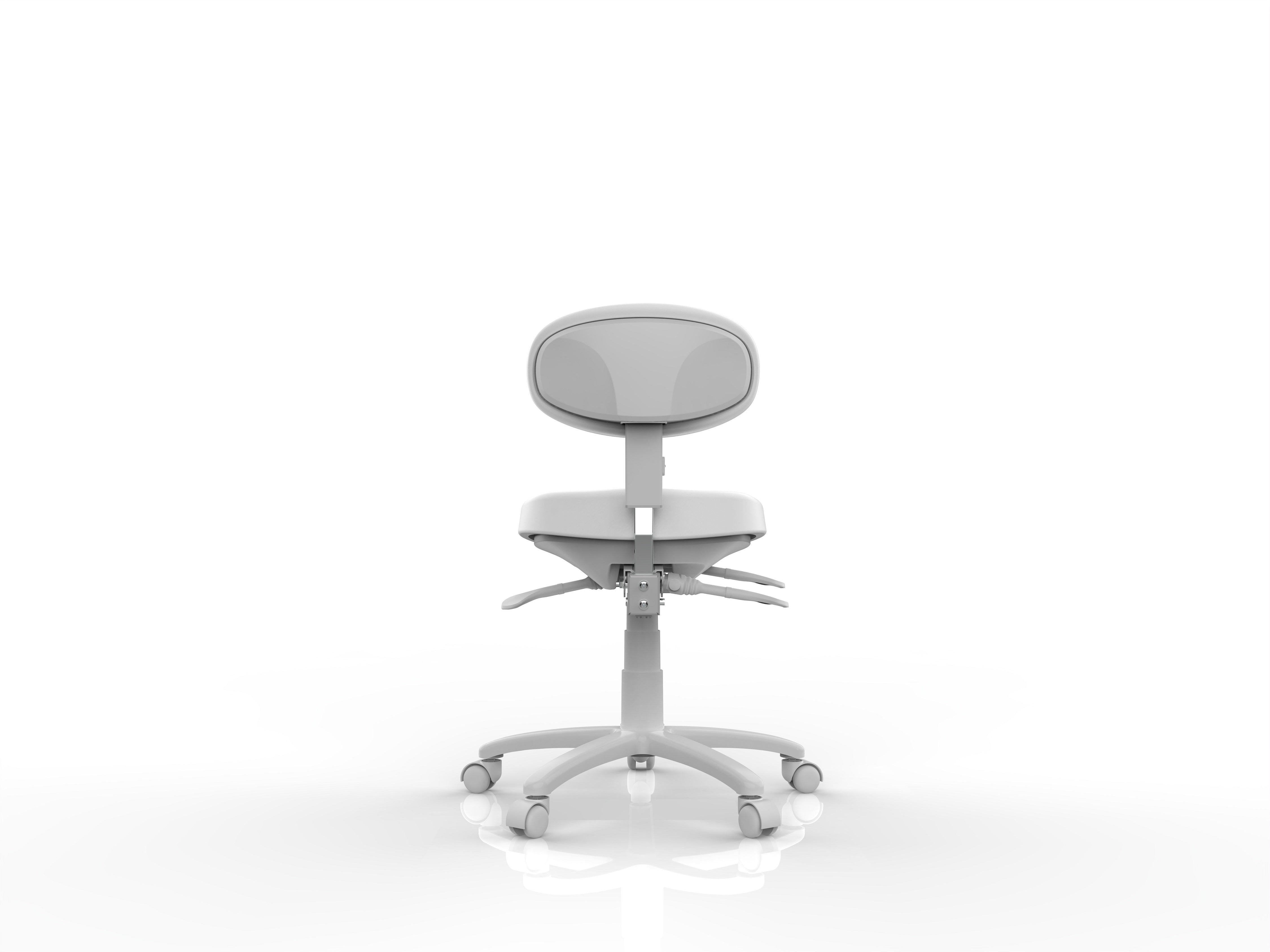 Silverfox America 8C01 ergonomic white stool with casters, rear view on white background.