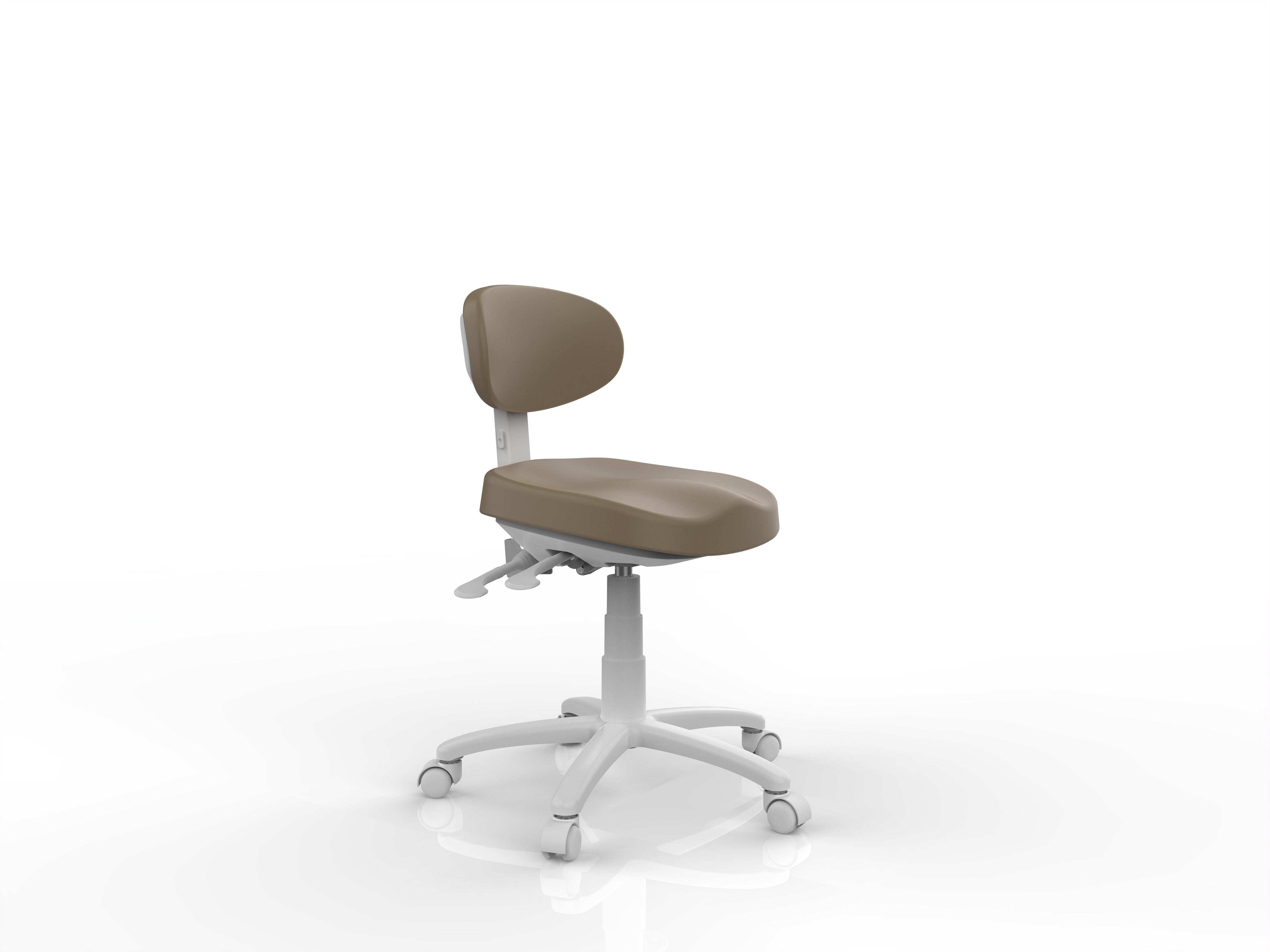 Silverfox America 8C01 stool with brown cushion, white base, and wheels on a white background.