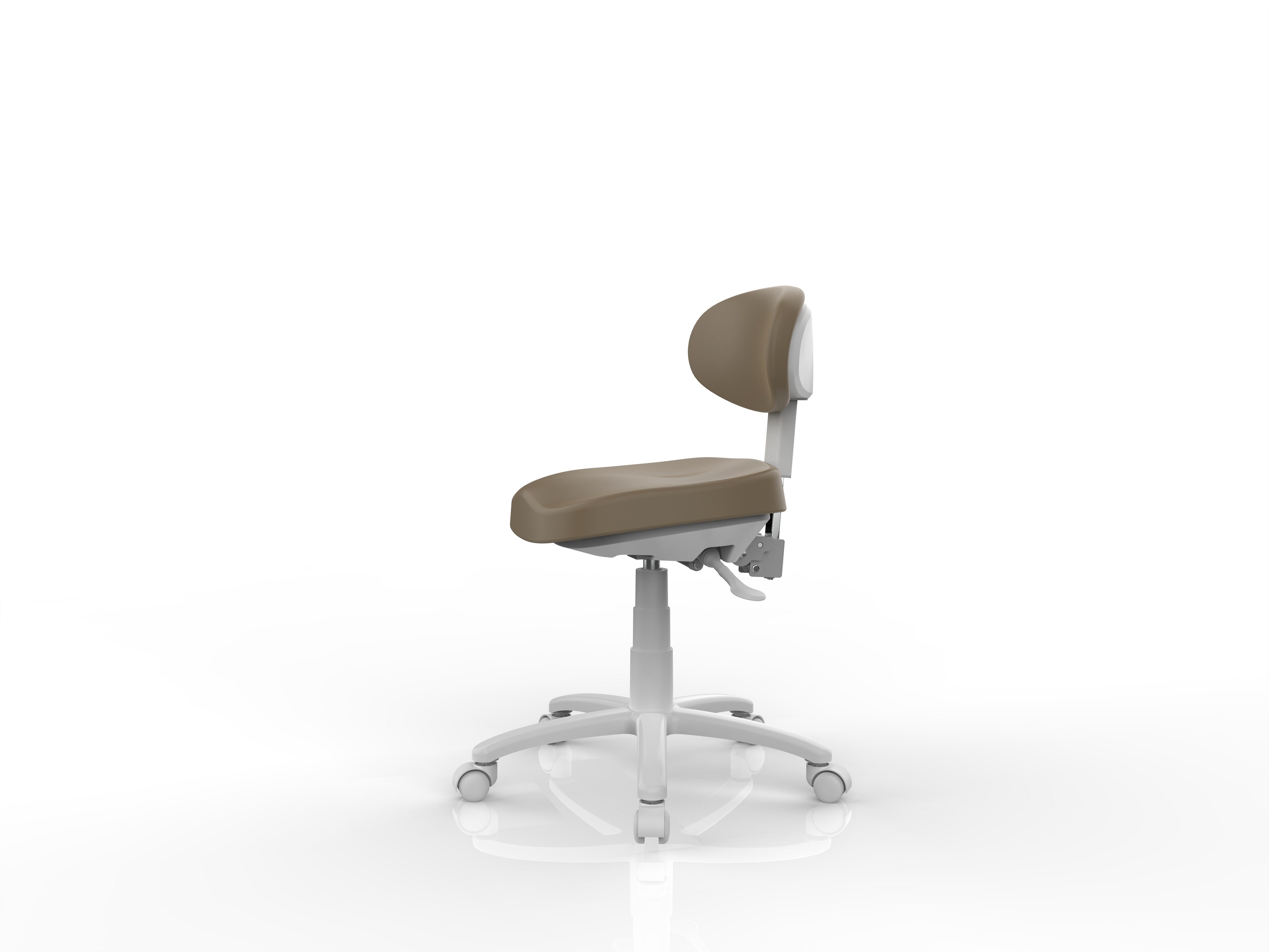 Side view of the Silverfox America 8C01 Stool in brown and white with wheels on a white background.