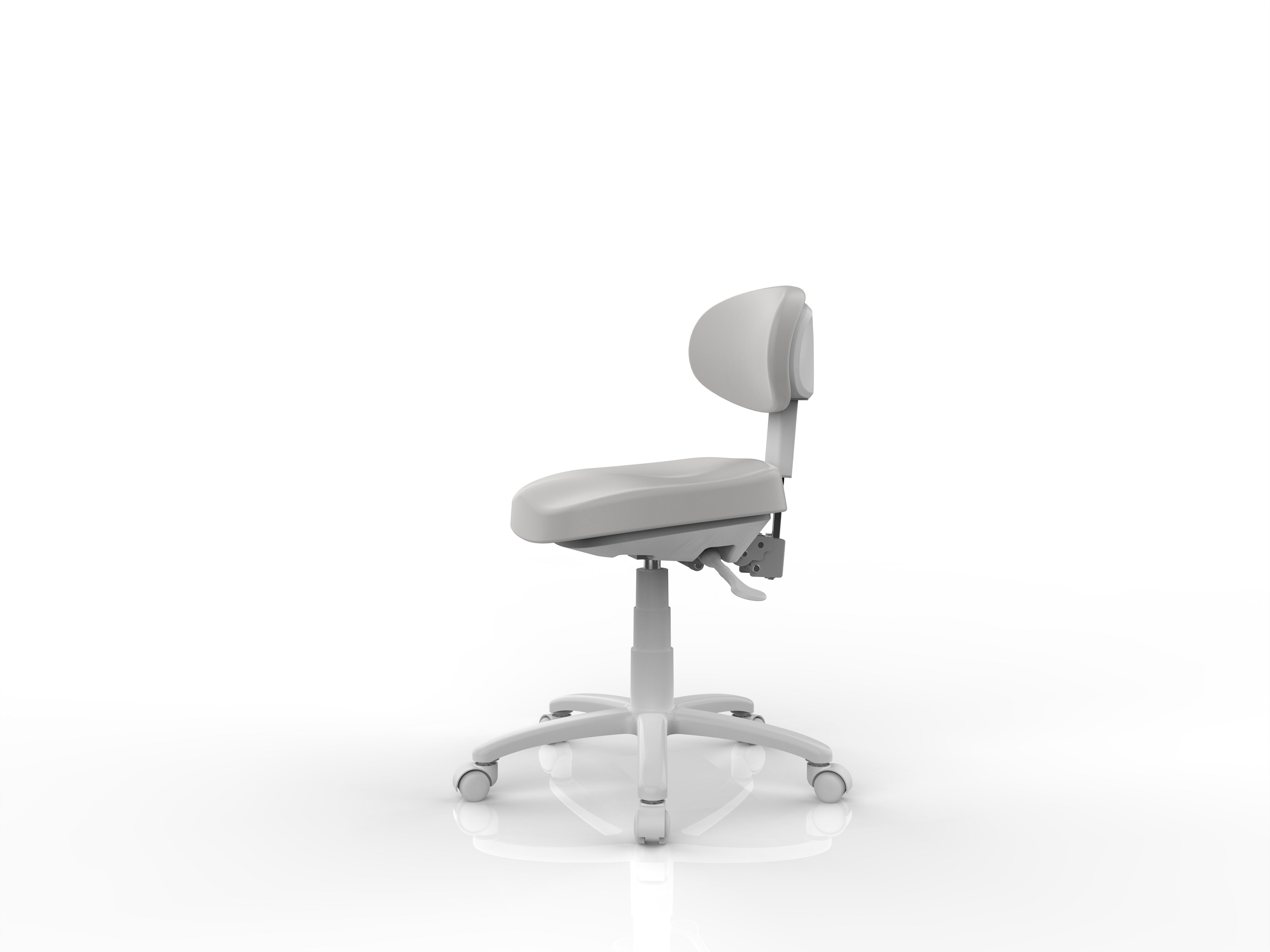 Silverfox America 8C01 gray stool with wheels and adjustable backrest, side view.