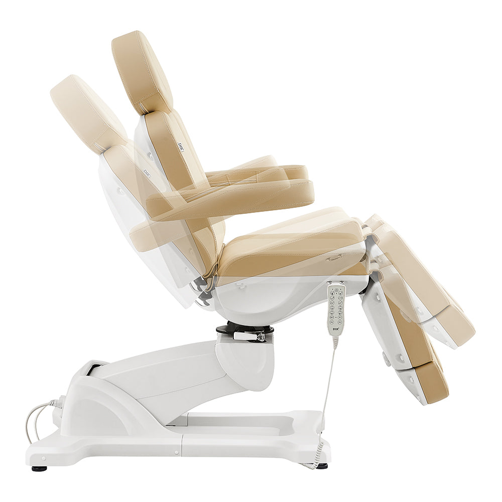 DIR Libra II Full Medical Electric Procedure Chair in beige shown upright and reclined.