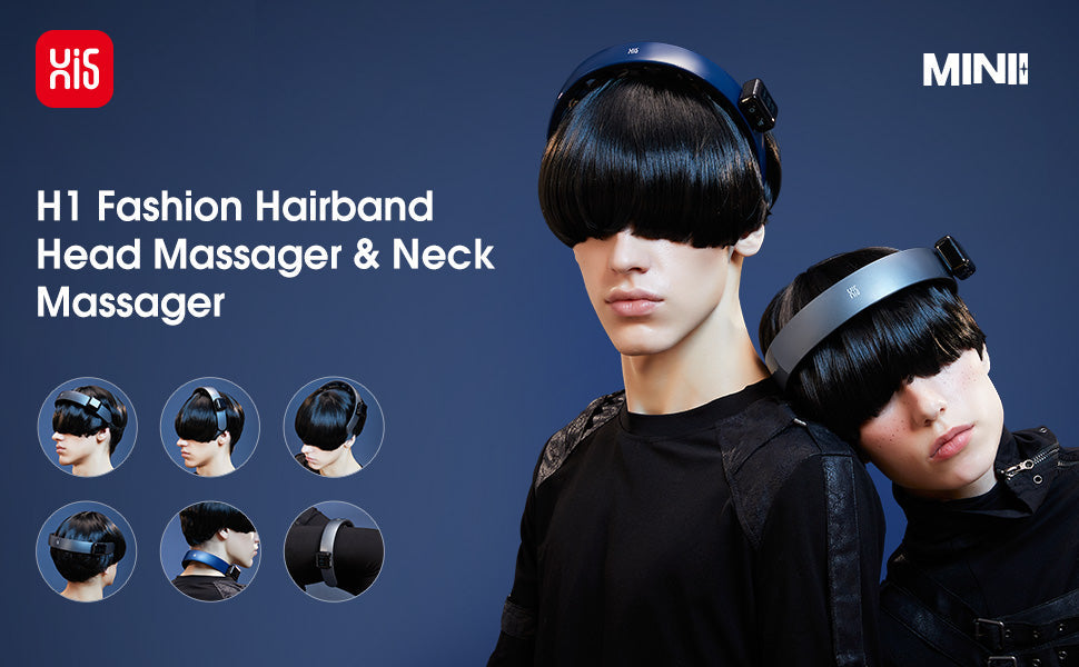 Two people wearing H1 Deluxe Electric Scalp Massager  against a blue background with HI5 branding.