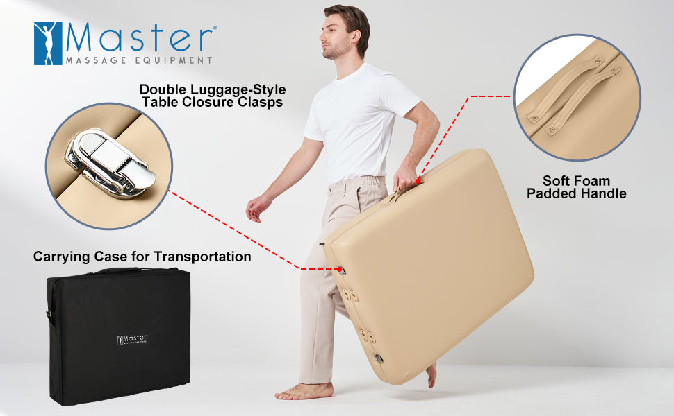 Man carrying Master Massage ARGO Portable Table Package Cream; case and clasps visible.