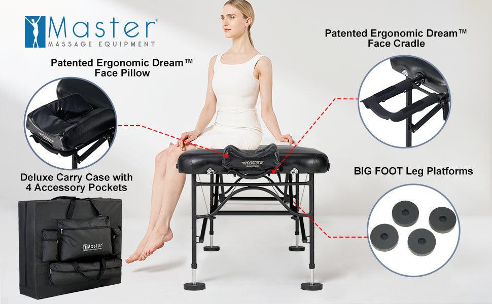 A woman sits on a Master Massage STRATOMASTER AIR portable table with NanoSkin upholstery.