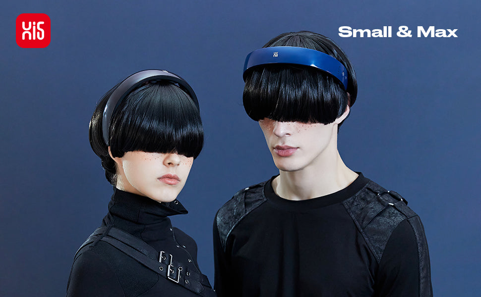 Two people wearing futuristic H1 Hands-Free Scalp Massager with 'HI5' branding on a blue background.