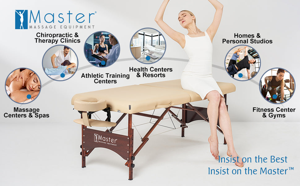 Woman stretching on Master Massage ARGO Cream portable table, ideal for pro and personal use.