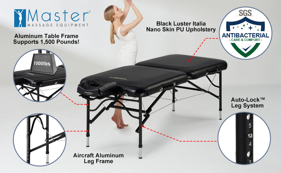 Woman standing by a Master Massage STRATOMASTER AIR portable massage table.