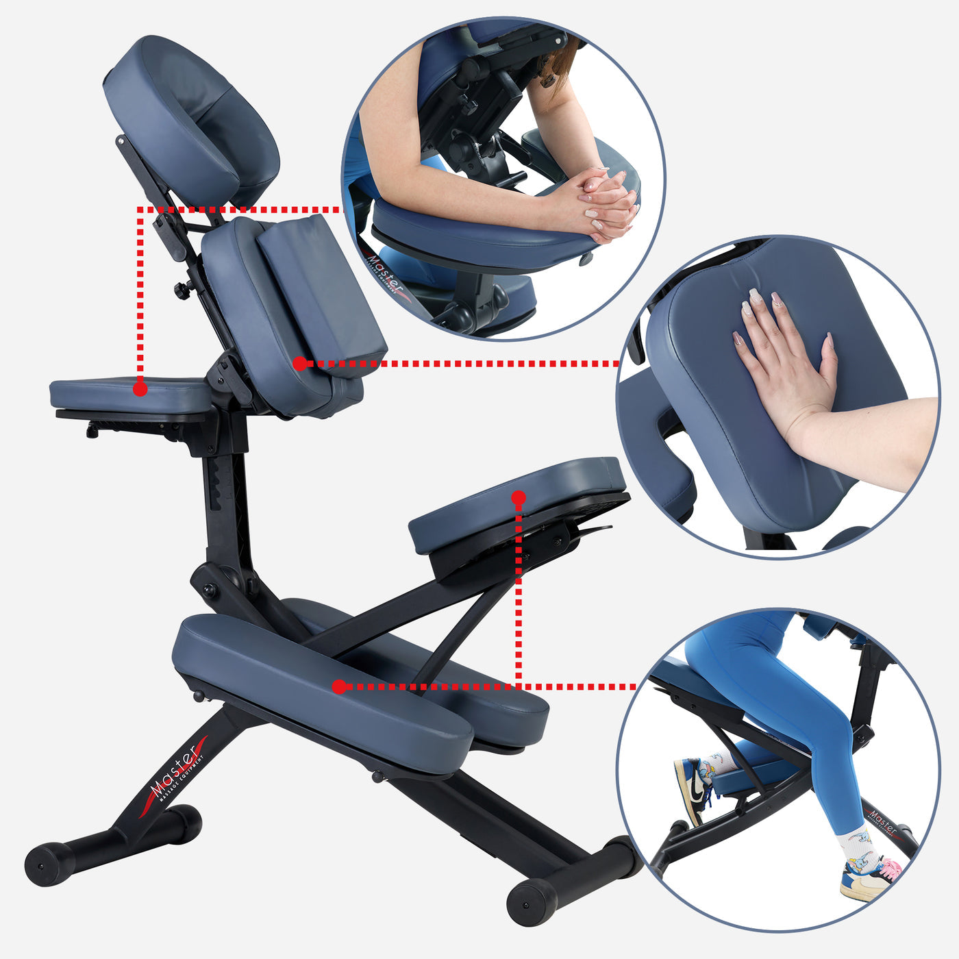 Master Massage RIO Portable Massage Chair with ergonomic, padded supports and feature close-ups.