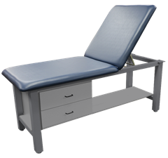 PHS Chiropractic ALUMA Elite Basic Table: gray, blue cushion, 2 drawers, high load capacity.