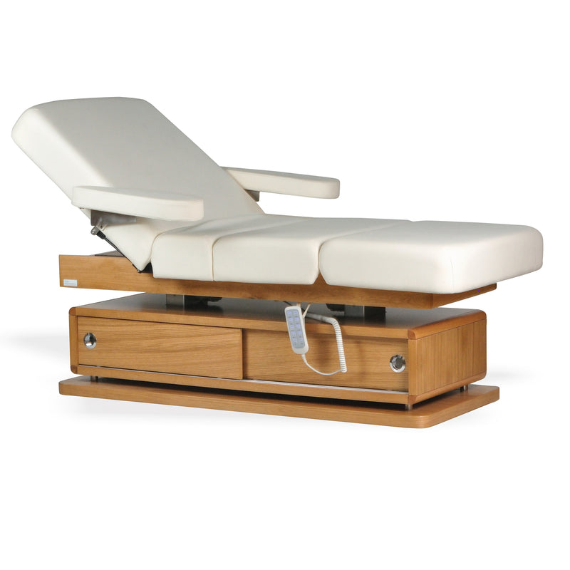 TouchAmerica AIDA Treatment Table: motorized, white upholstery, remote-controlled adjustment.