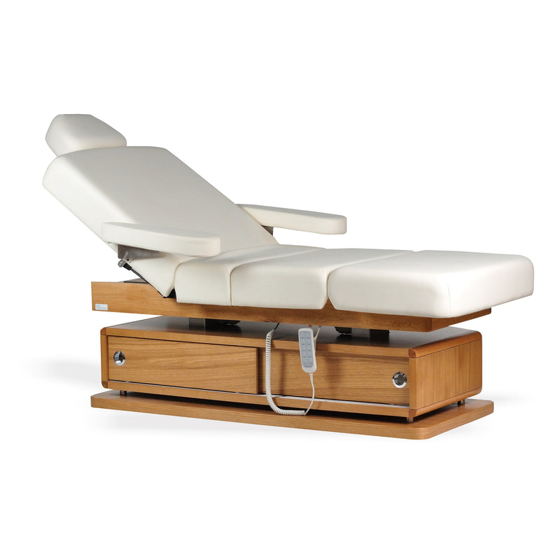 TouchAmerica AIDA Treatment Table: wooden base, cushioned, adjustable backrest for comfort.