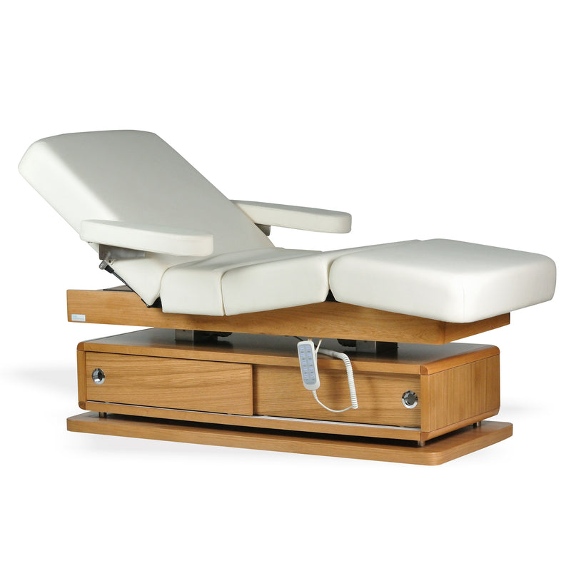 TouchAmerica AIDA Treatment Table: adjustable with white cushions, wood base, and storage drawers.
