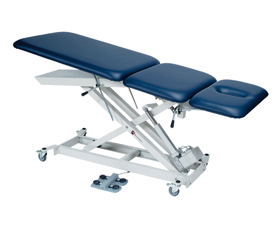Armedica AM-SX 3000: Three-section blue padded treatment table with hydraulic powered base.