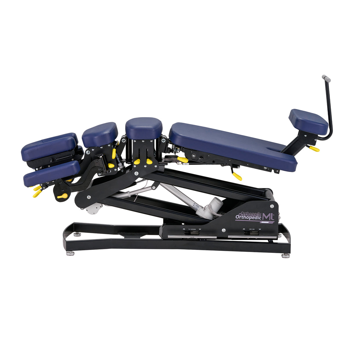 Physical therapy chiro table with blue and black design on a white background