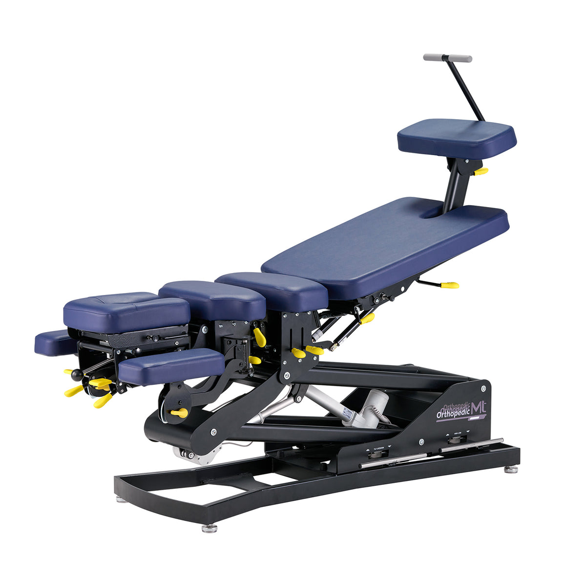 Blue and black adjustable medical treatment table on a white background