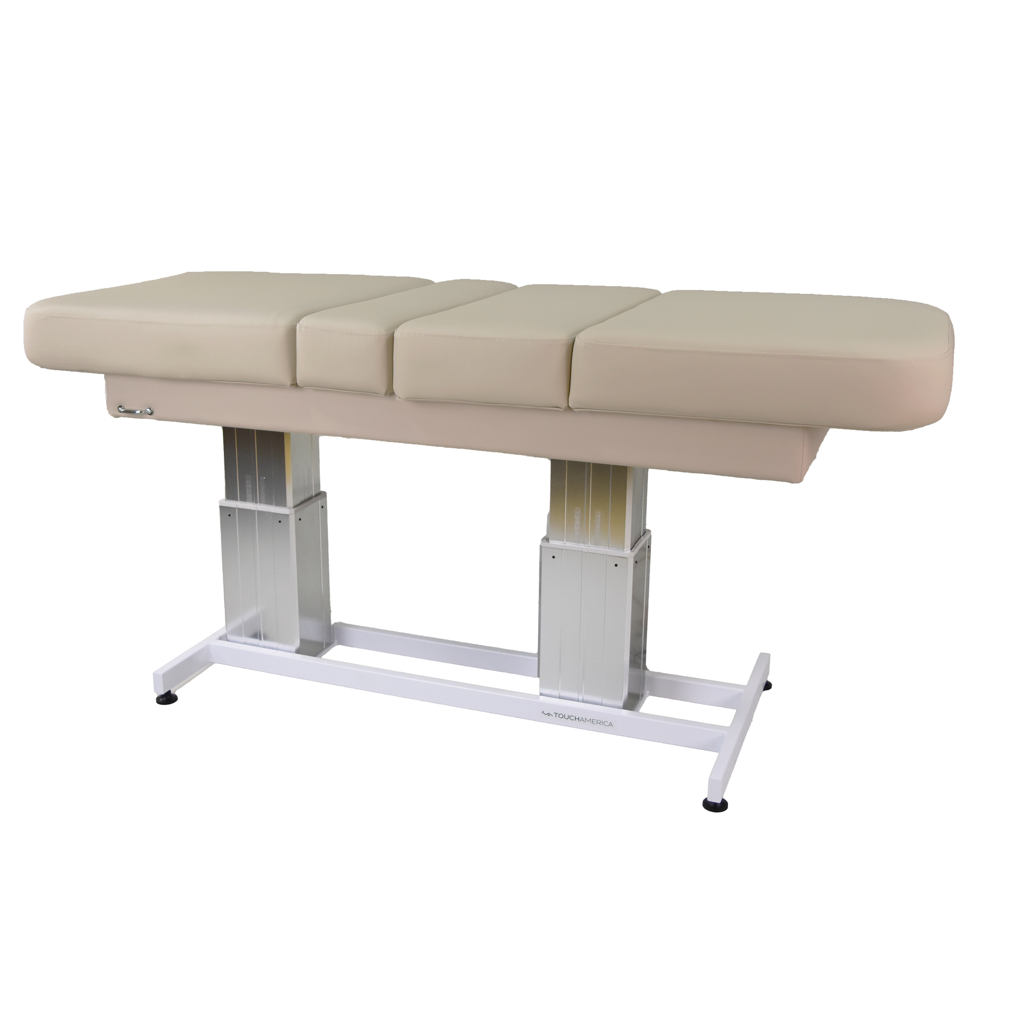 TouchAmerica ATLAS CLASSIC Treatment Table with adjustable pedestals, padded surface, beige.