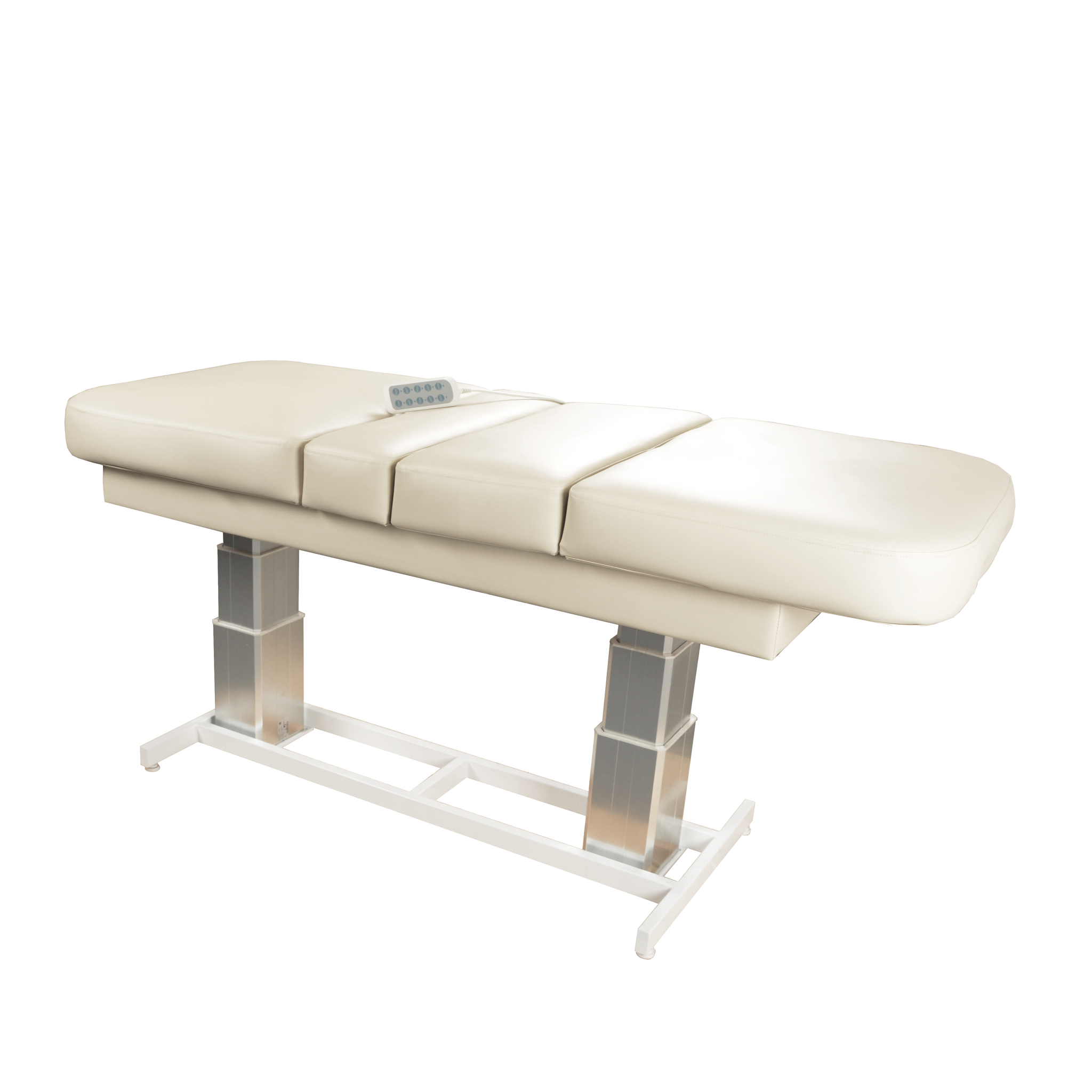 TouchAmerica ATLAS CLASSIC Treatment Table: white, remote-controlled, adjustable metal base.