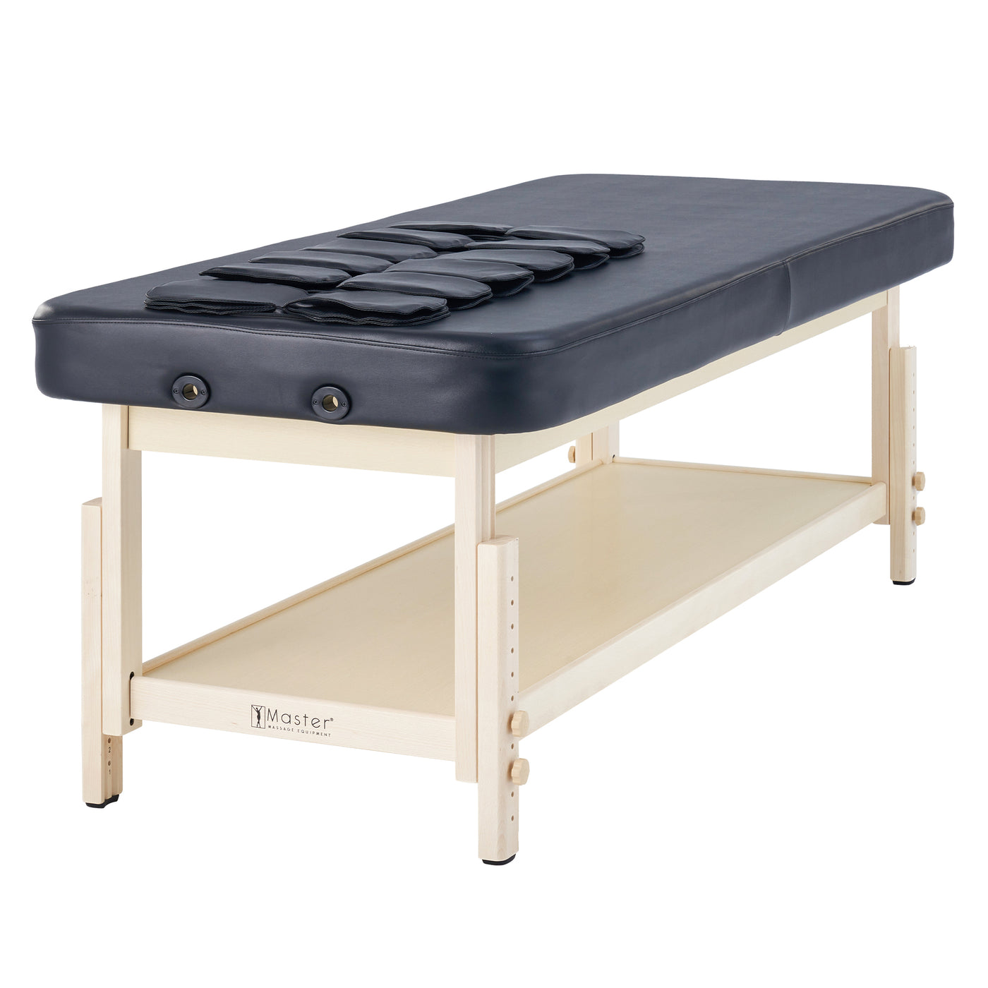 Master Massage AirMaster Stretching Table with black cushions and wooden frame, angled view.
