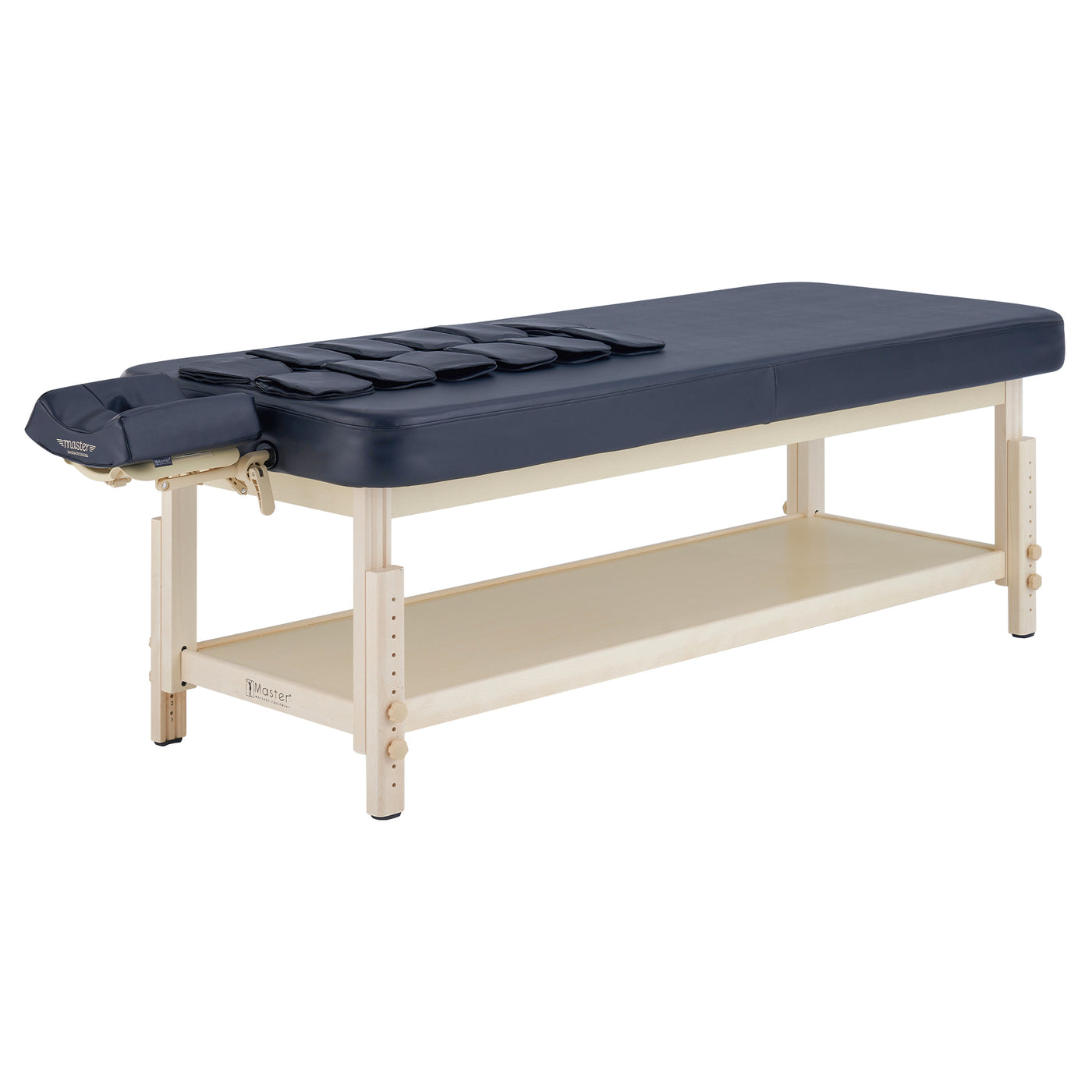 Master Massage AirMaster table: navy padded surface, adjustable headrest, stationary design.