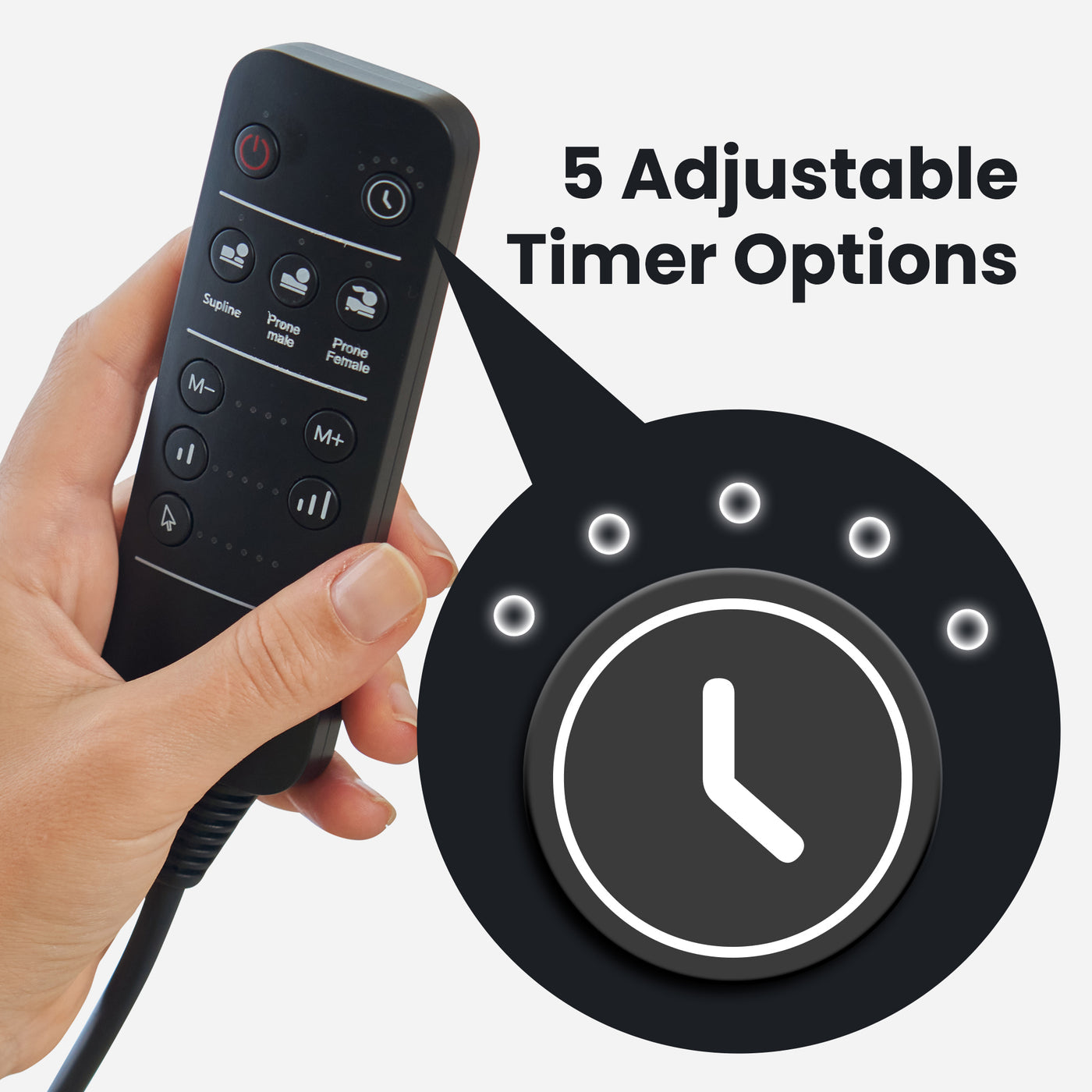 Hand holding a remote control with timer options displayed on a white background