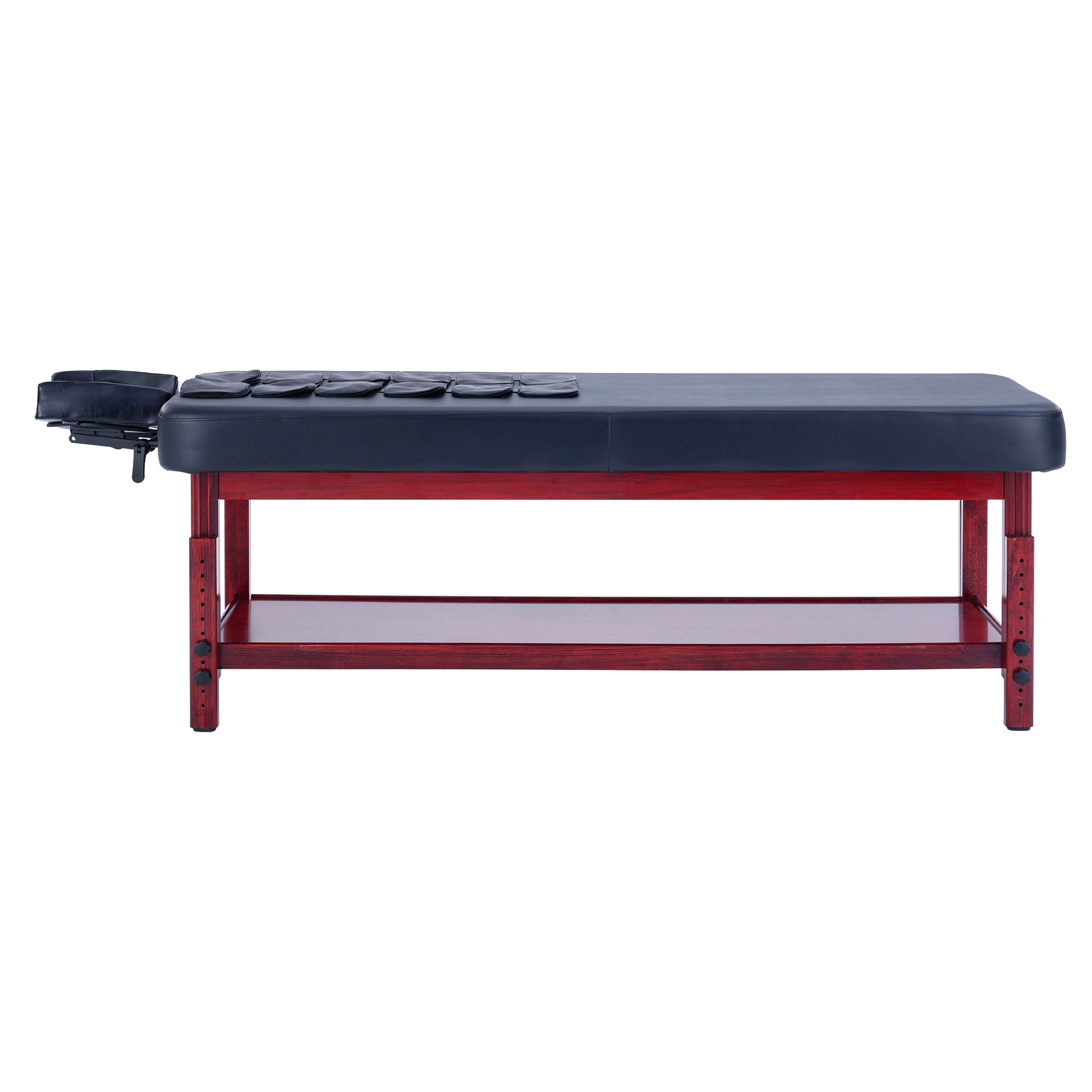 Master Massage AirMaster table: black cushion, face cradle, wooden storage shelf.