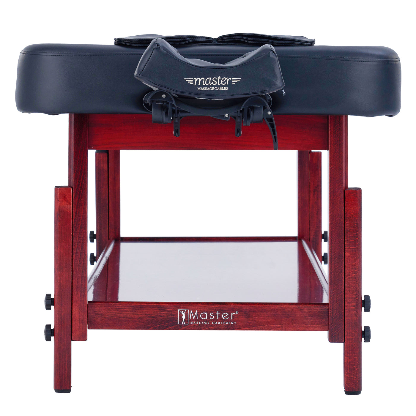 Master Massage AirMaster stationary table with black top and folded carry case on it.