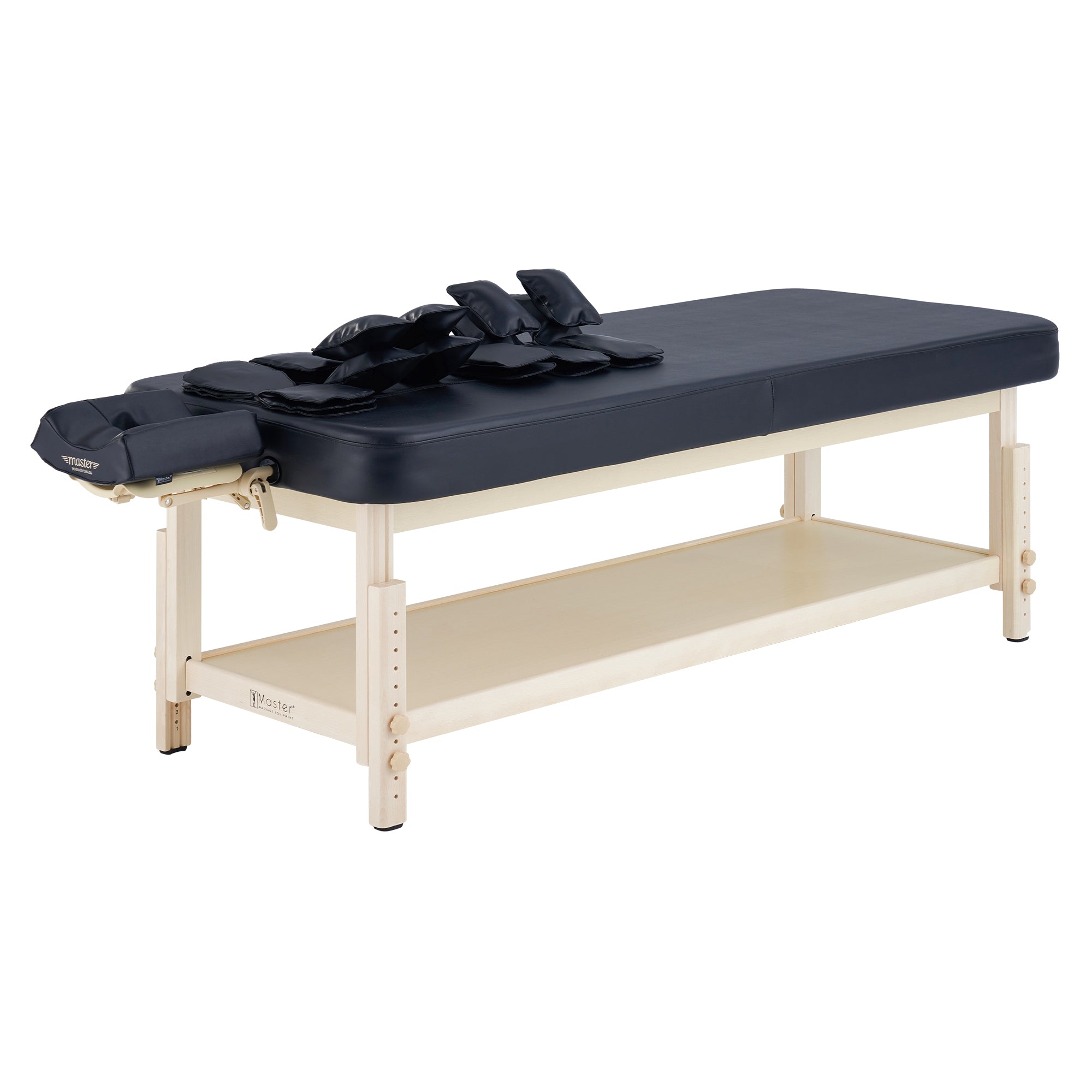 Master Massage AirMaster table with black cushions, face cradle, and lower storage shelf.