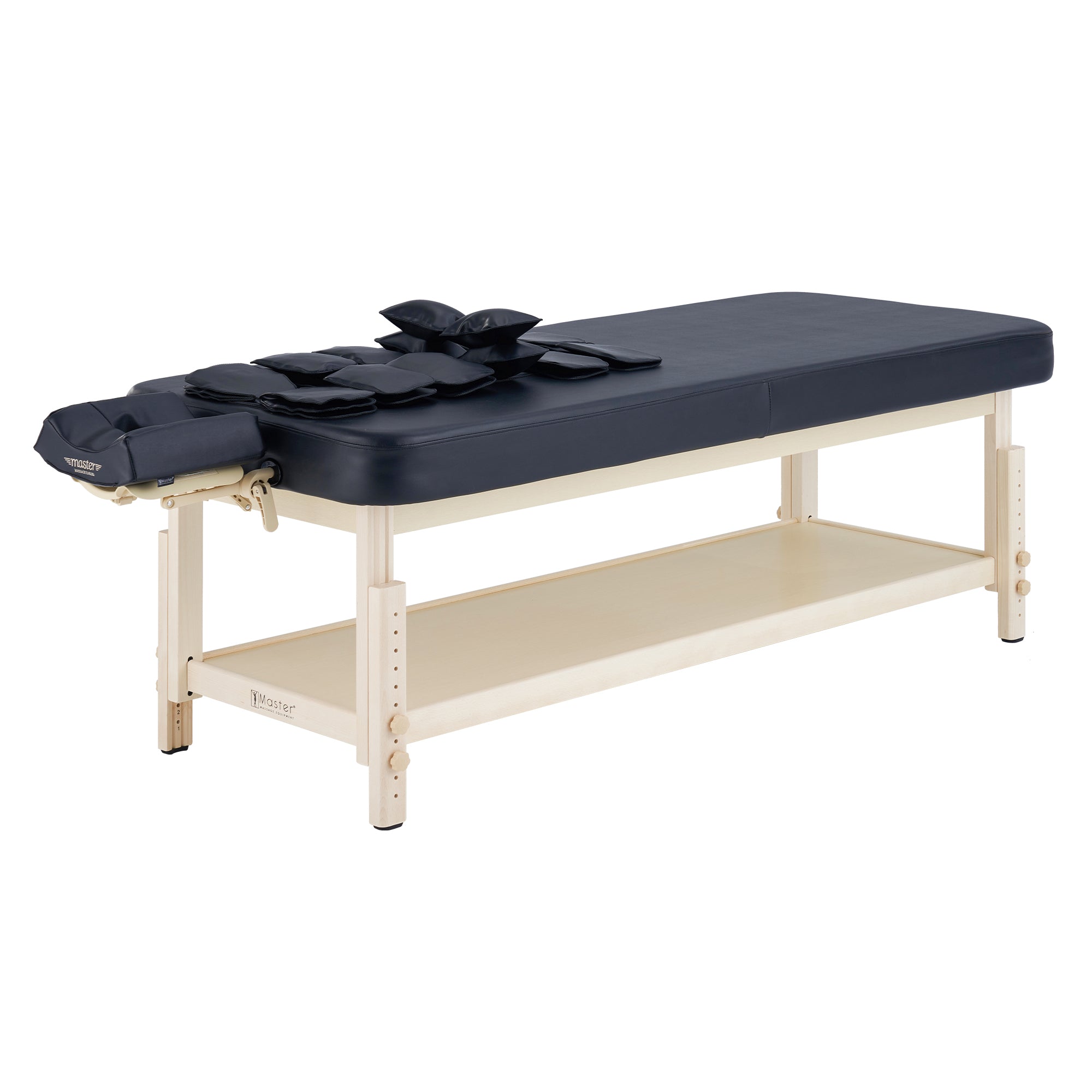 Master Massage AirMaster Stretching Table with black padded top, face cradle, and cushions.