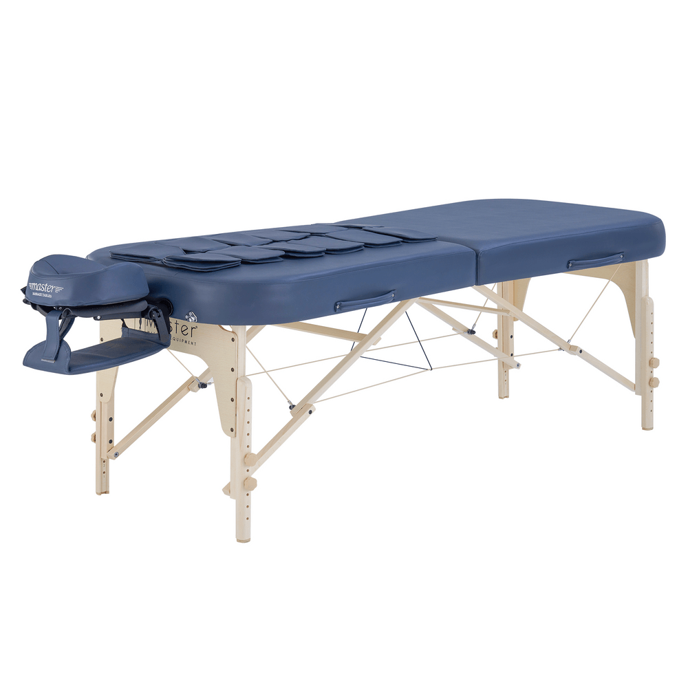 Master Massage CONCORD Airwave portable massage table with headrest and wooden legs attached.