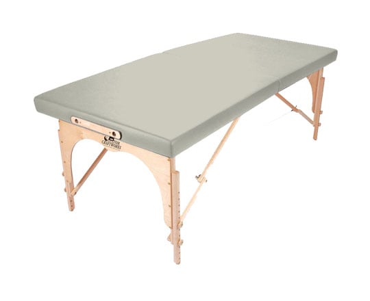 Custom Craftworks ALEXANDER TECHNIQUE Portable Table with light wood frame and grey top.