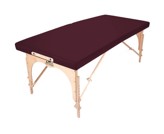 Custom Craftworks ALEXANDER TECHNIQUE portable table with dark maroon cushion, birch frame.