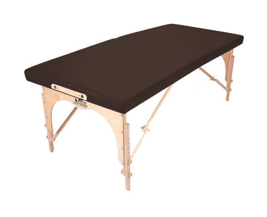 Custom Craftworks ALEXANDER TECHNIQUE Portable Table with dark brown cushion and birch frame.