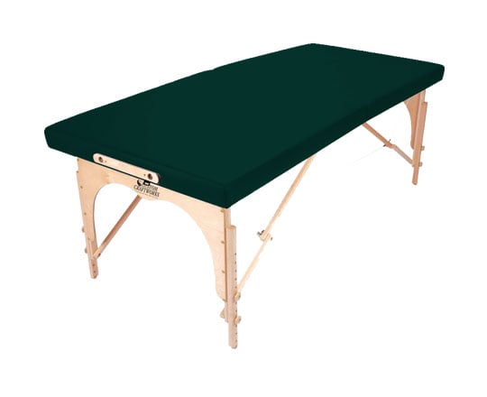 The Custom Craftworks ALEXANDER TECHNIQUE Portable Table features a dark green padded surface.
