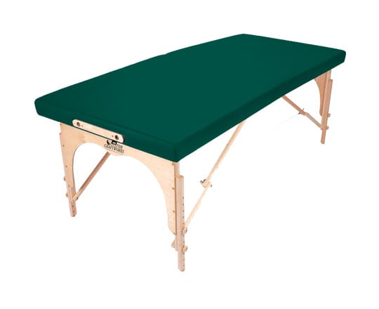 Custom Craftworks ALEXANDER TECHNIQUE Table: foldable, green cushion, rigid birch for support.