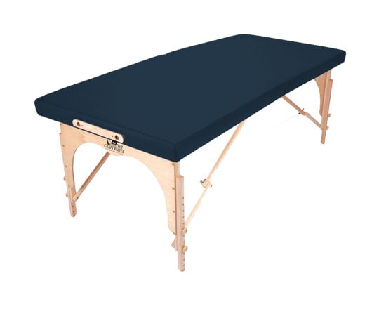 Custom Craftworks ALEXANDER TECHNIQUE portable table with extra rigid birch and blue top.