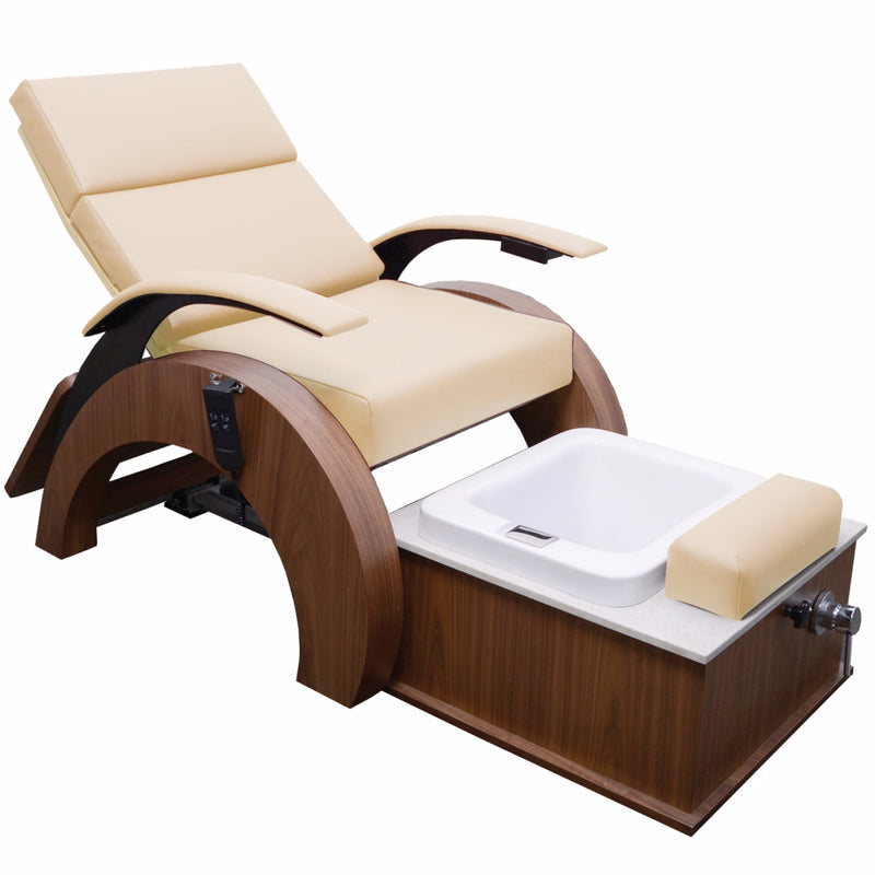 TouchAmerica ARCHI-PEDIGO Pedi-Lounge: beige chair, wood frame, adj. footrest, white basin front.