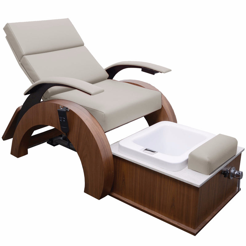 TouchAmerica ARCHI-PEDIGO Pedi-Lounge: beige spa chair, manicure shelf, white foot basin.