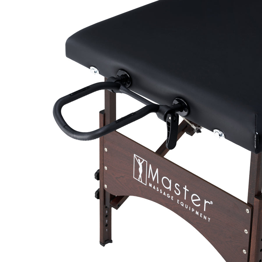 Black handle on side of Master Massage ARGO Portable Massage Table Package, logo visible.