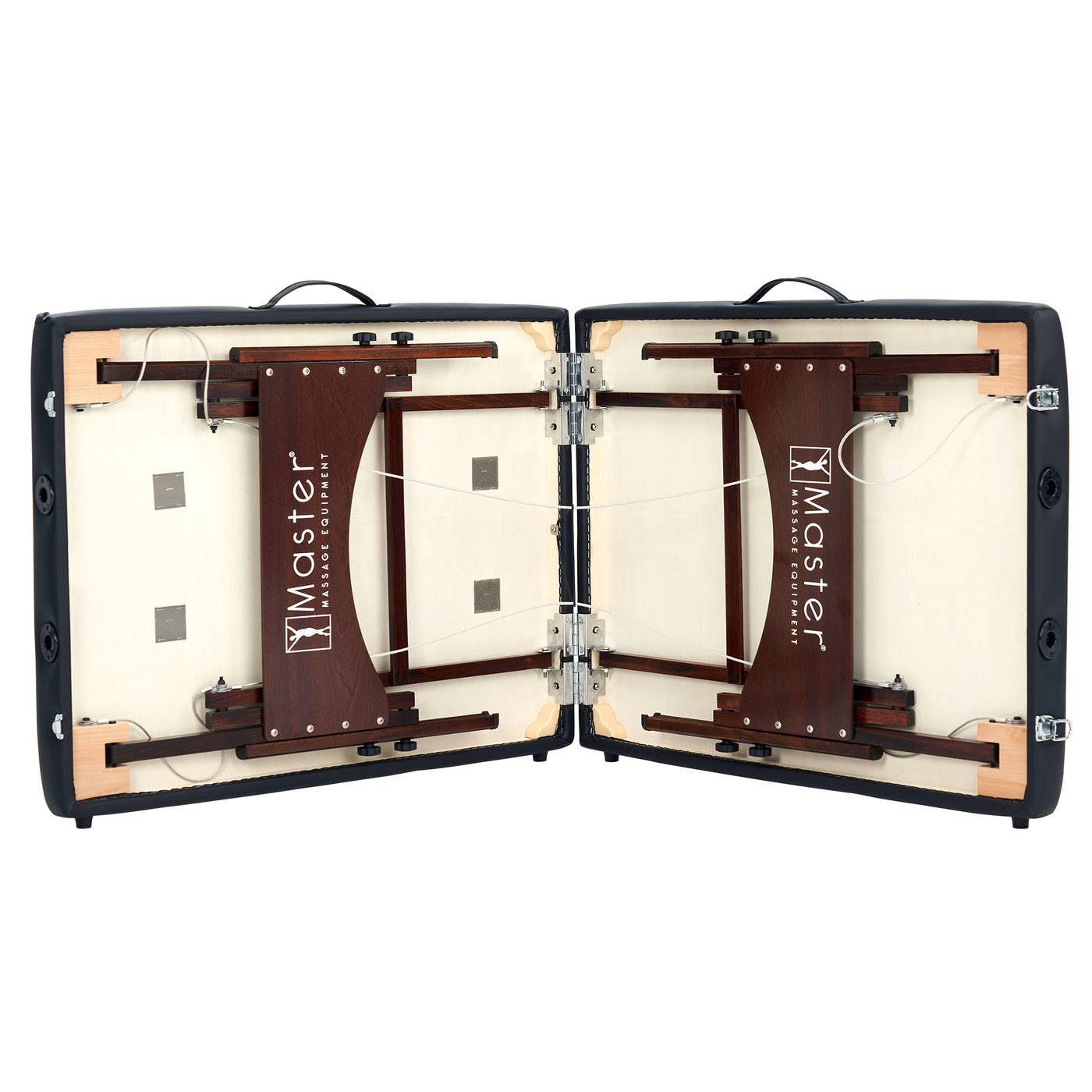 Open Master Massage ARGO case showing wooden supports and cables for the portable table.