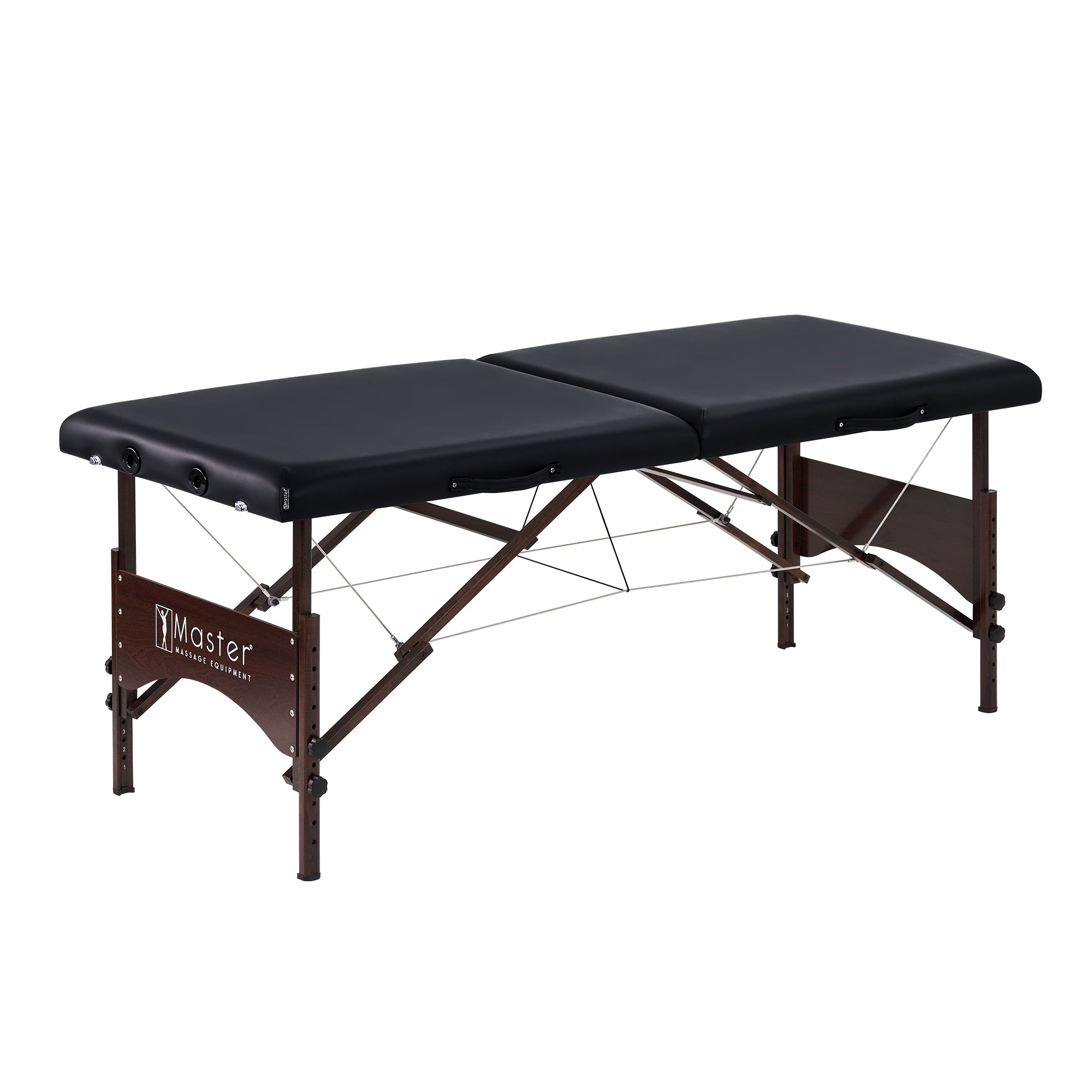 Master Massage ARGO Black portable massage table with wooden legs; folds to fit any space.