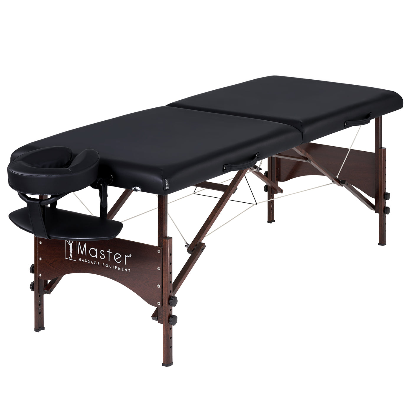 Master Massage ARGO black portable massage table with wooden legs and adjustable face cradle.