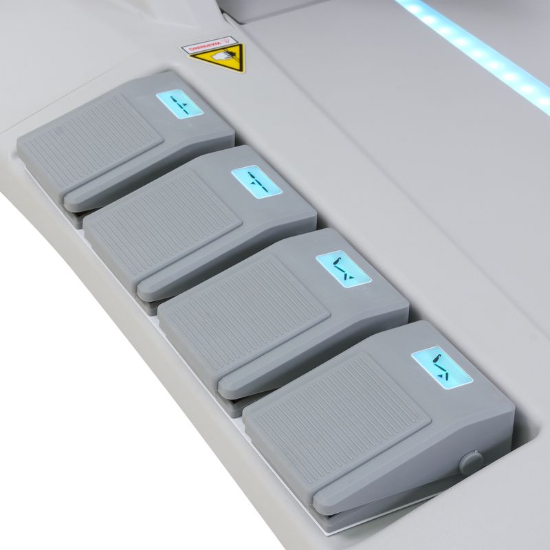 Four gray foot pedals with blue labels on the Silverfox America 2246EBN Massage Chair.