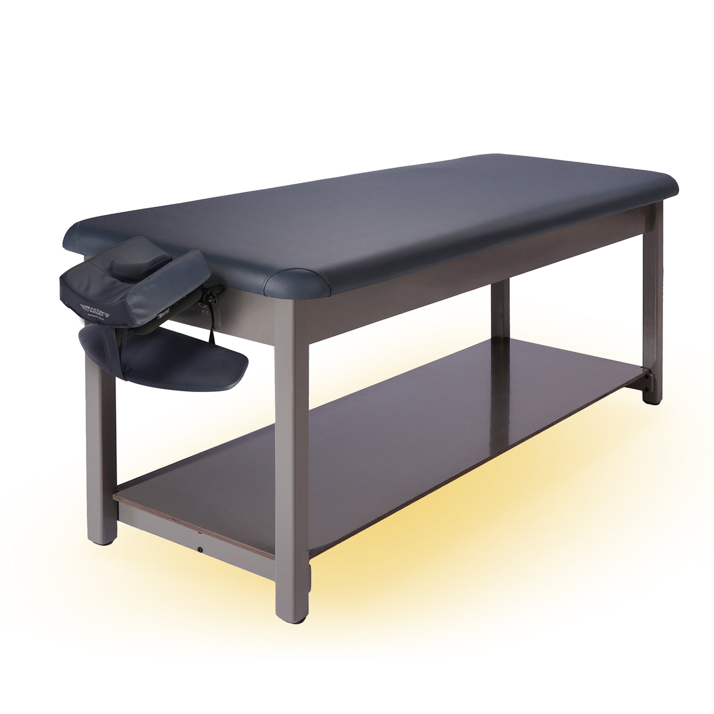 Master Massage Bahama Stationary Table with face cradle and shelf, ideal for spas.